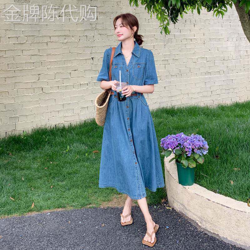 港风复古薄牛仔连衣裙女夏2026新款气质V领收腰显瘦休闲衬衫长裙