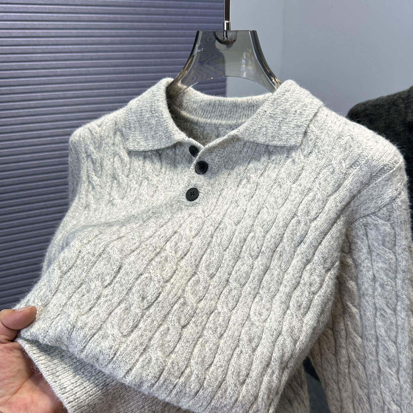 MAROLIO~麻花翻领毛衣男款冬季加厚休闲polo领针织衫套头保暖内搭