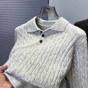 MAROLIO~麻花翻领毛衣男款冬季加厚休闲polo领针织衫套头保暖内搭