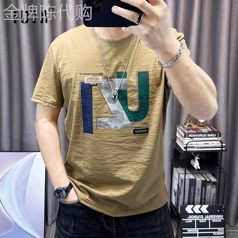 短袖t恤男士夏季拼接贴布印花半袖体恤潮牌修身棉麻圆领休闲上衣