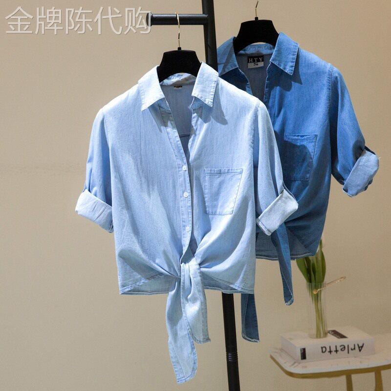 潮牌下摆打结牛仔衬衣女衬衫韩版宽松2025年夏季短袖防晒披肩上衣