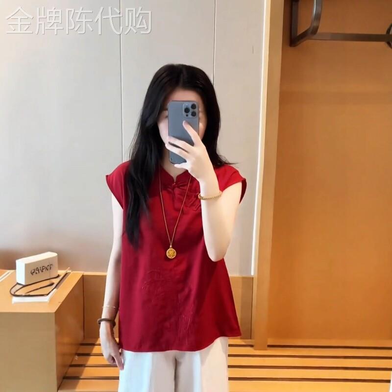 新中式国风红色盘扣短袖T恤女夏2025新款小个子独特宽松显瘦上衣
