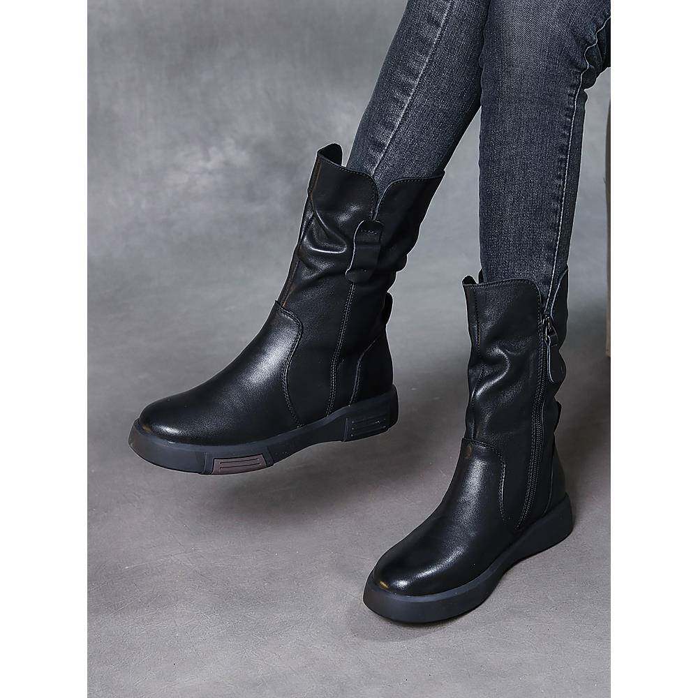 动力足女鞋秋冬全牛皮靴子女中筒靴真皮平底覆古调加绒平跟马丁靴