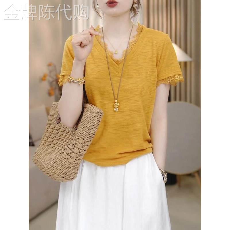 韩国大码v领钩花蕾丝短袖t恤女2026夏季新款设计感时尚宽松上衣潮