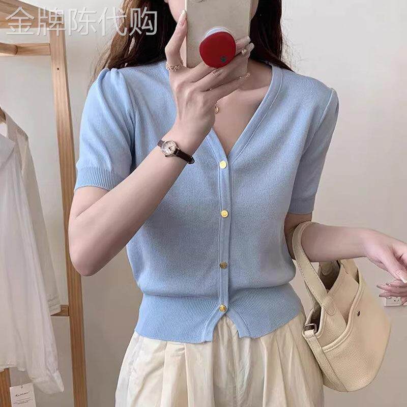 蓝色V领短袖针织开衫女夏季欧货掐腰小衫短款收腰打底针织衫上衣