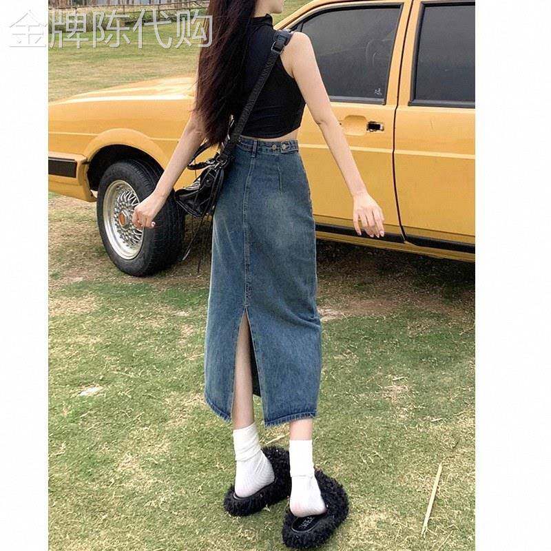 高腰开叉牛仔半身裙女春秋欧货小个子显瘦a字半裙复古包臀长裙子