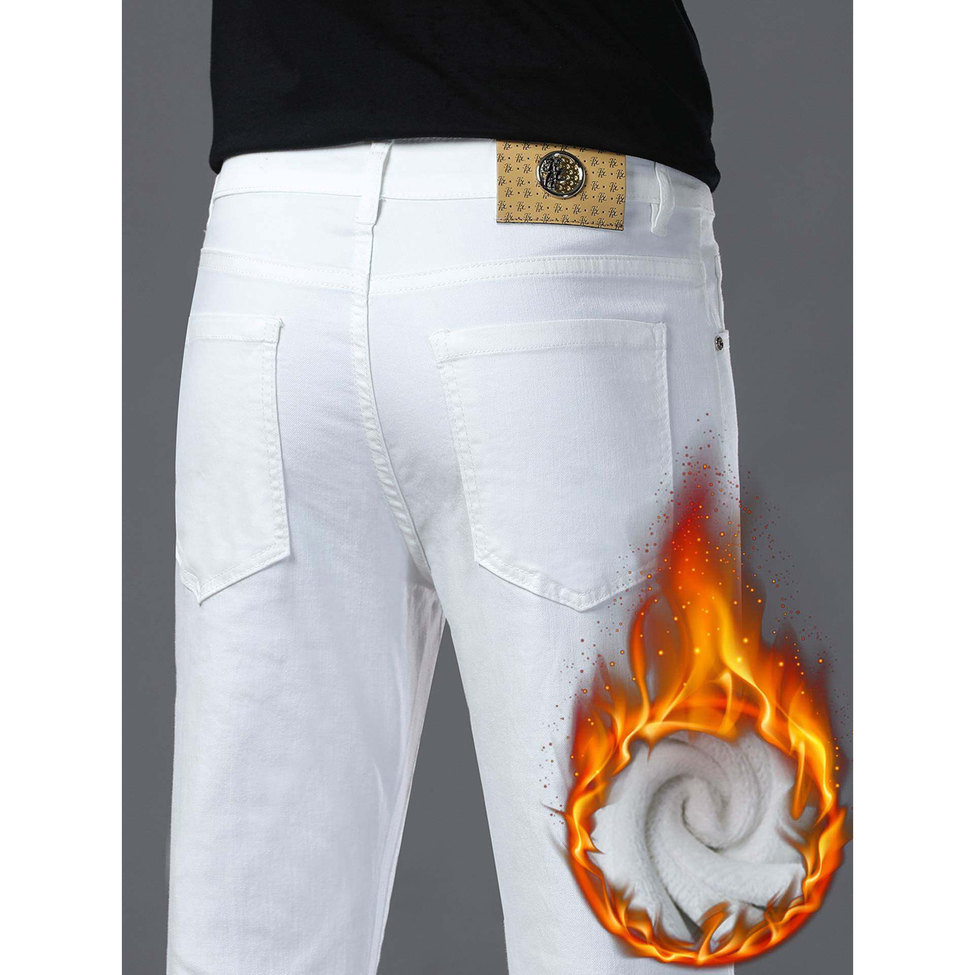 2025秋冬季加绒加厚白色牛仔裤男款修身直筒裤高端男士休闲长裤子