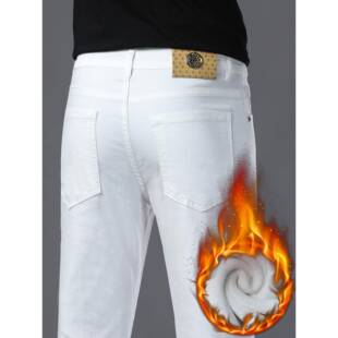 2025秋冬季加绒加厚白色牛仔裤男款修身直筒裤高端男士休闲长裤子