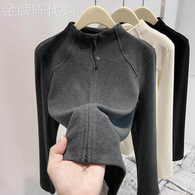 半高领德绒打底衫女秋冬2026新款春季双拉链开衫外套修身卫衣内搭