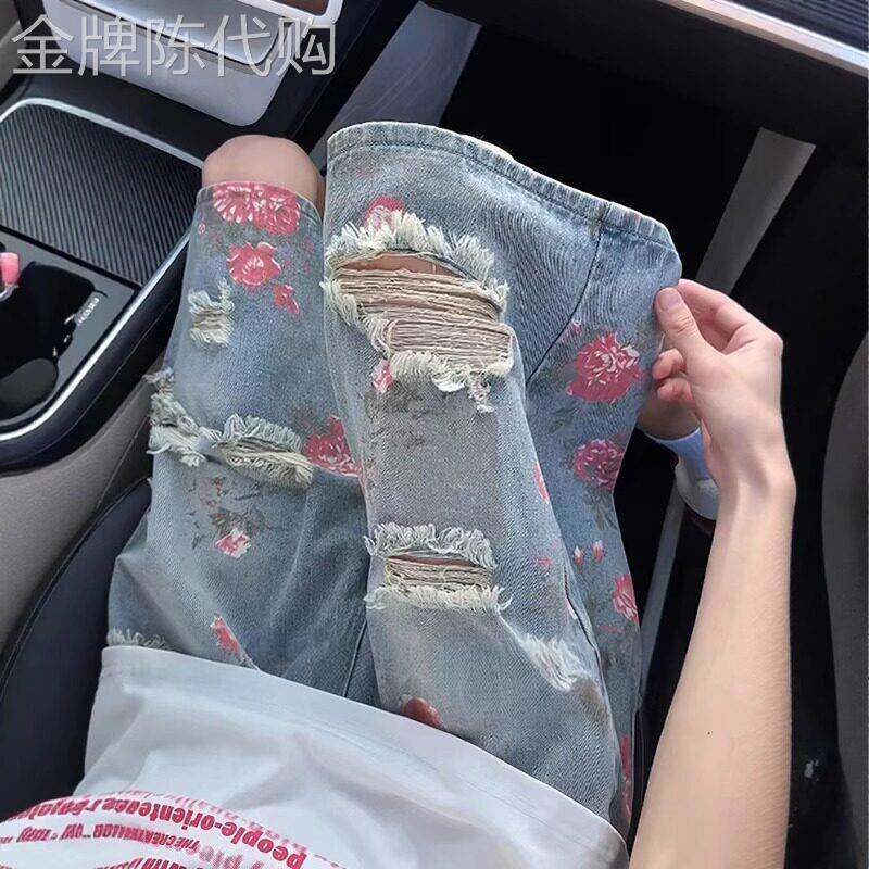 高级感破洞牛仔短裤女夏季2026年新款花卉设计感宽松直筒阔腿女裤