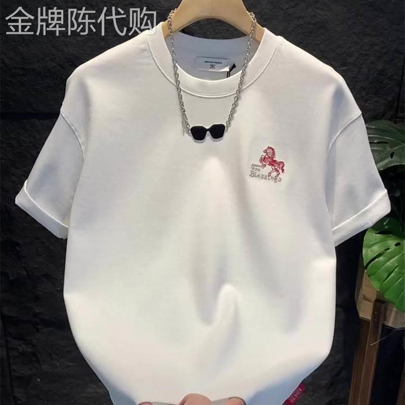 重磅纯棉短袖T恤男夏季美式潮牌刺绣圆领上衣百搭休闲五分袖体恤