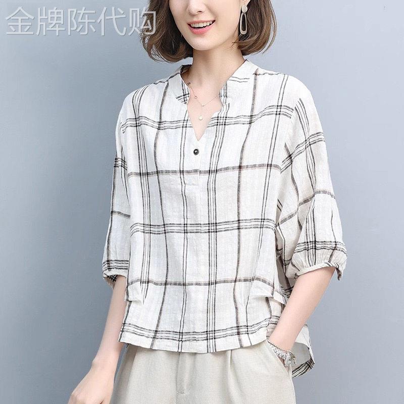 潮牌复古格子宽松七分袖T恤女夏季2026年新款时尚百搭休闲V领上衣