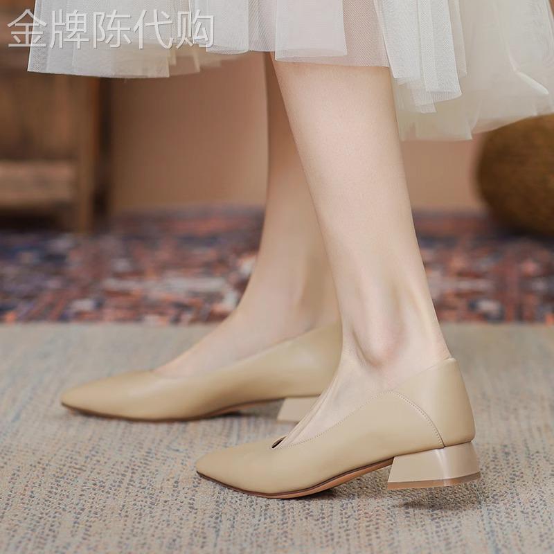 真皮尖头高跟鞋女粗跟春秋季2026新款低跟女鞋夏季软皮不累脚单鞋