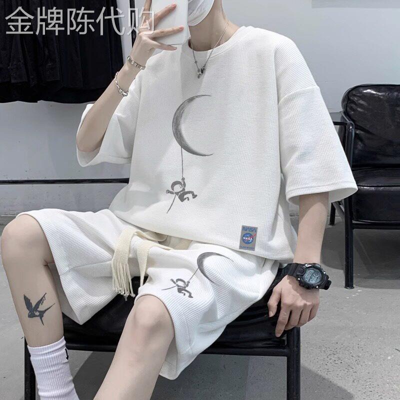 华夫格休闲运动套装男士夏季潮牌潮流港风宽松大尺码短袖短裤两件