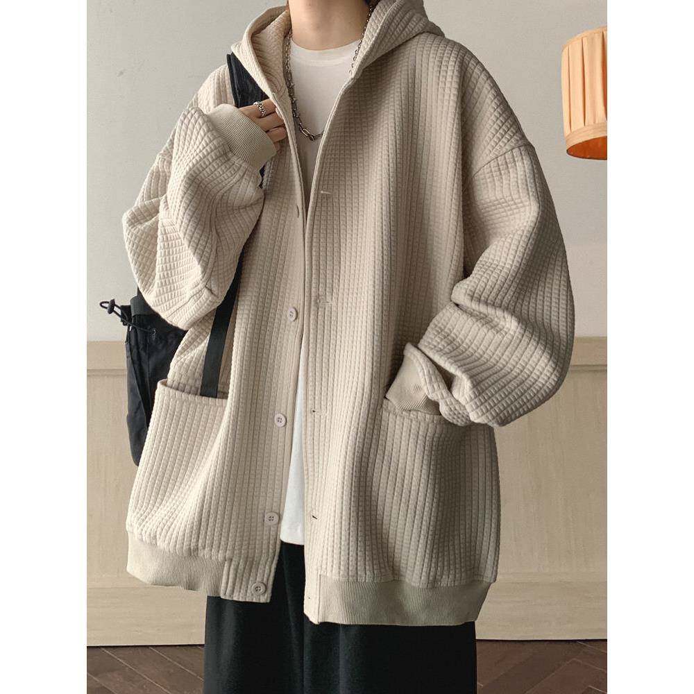 潮牌日系复古华夫格卫衣外套男2025年新款设计感宽松百搭休闲开衫