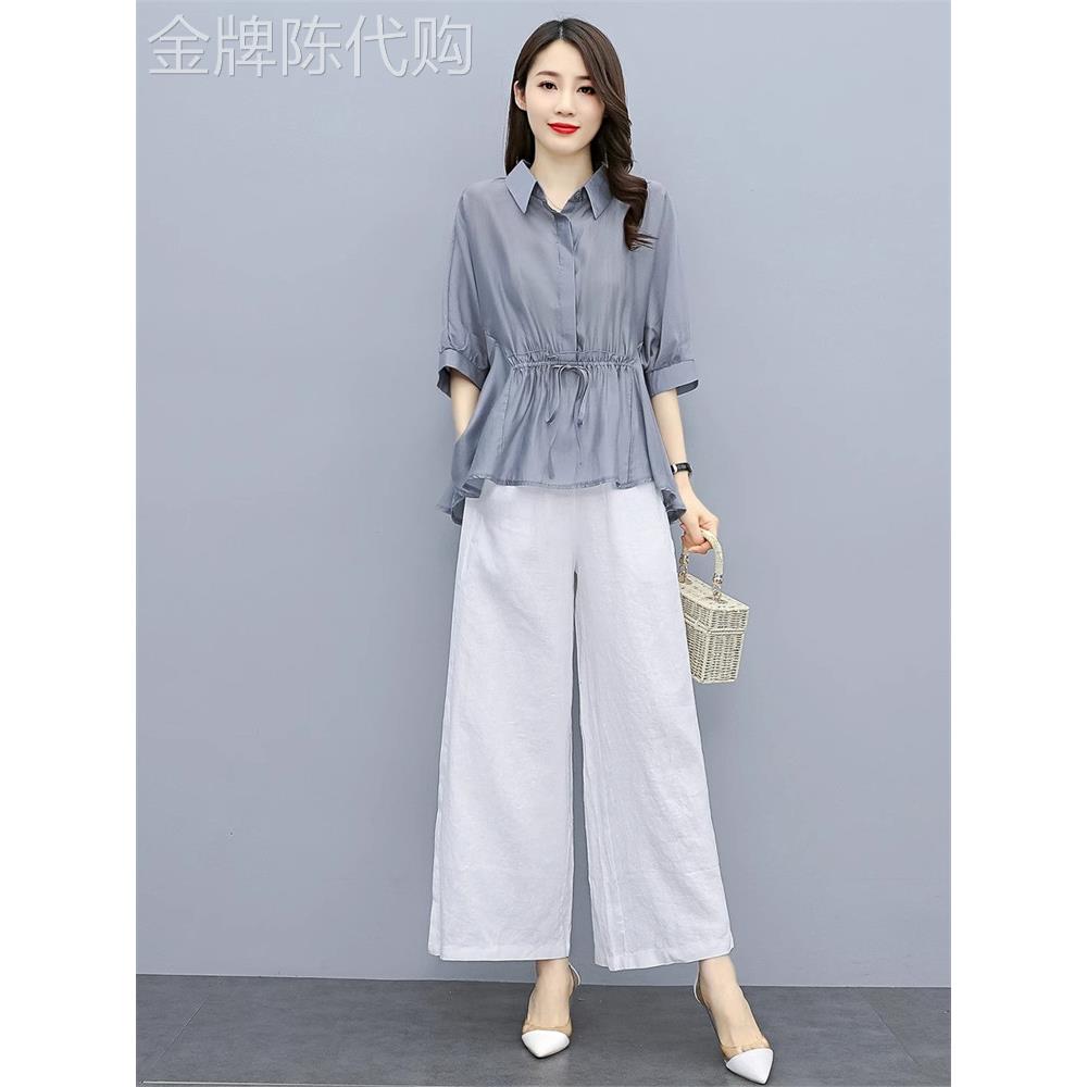 潮牌休闲职业棉麻套装女夏季高级感时尚亚麻上衣天丝阔腿裤两件套