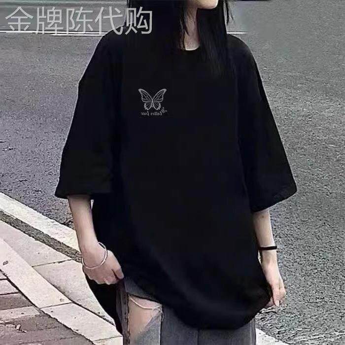 黑色纯棉短袖t恤女夏季薄款2025新款宽松大码中长款半袖体恤上衣