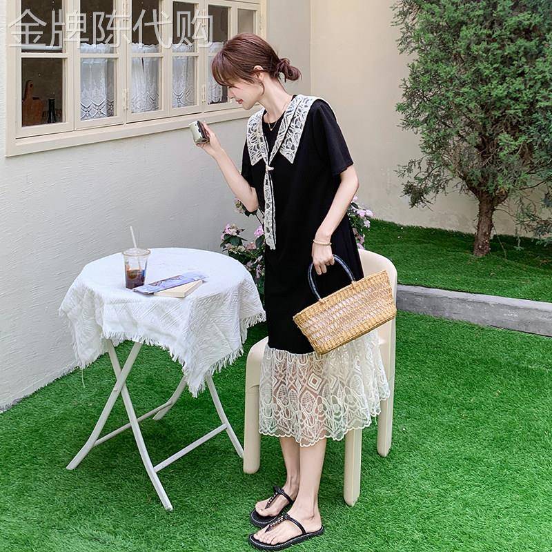黑色蕾丝拼接洋装女夏季2026新款韩系气质宽松显瘦独特别致裙子