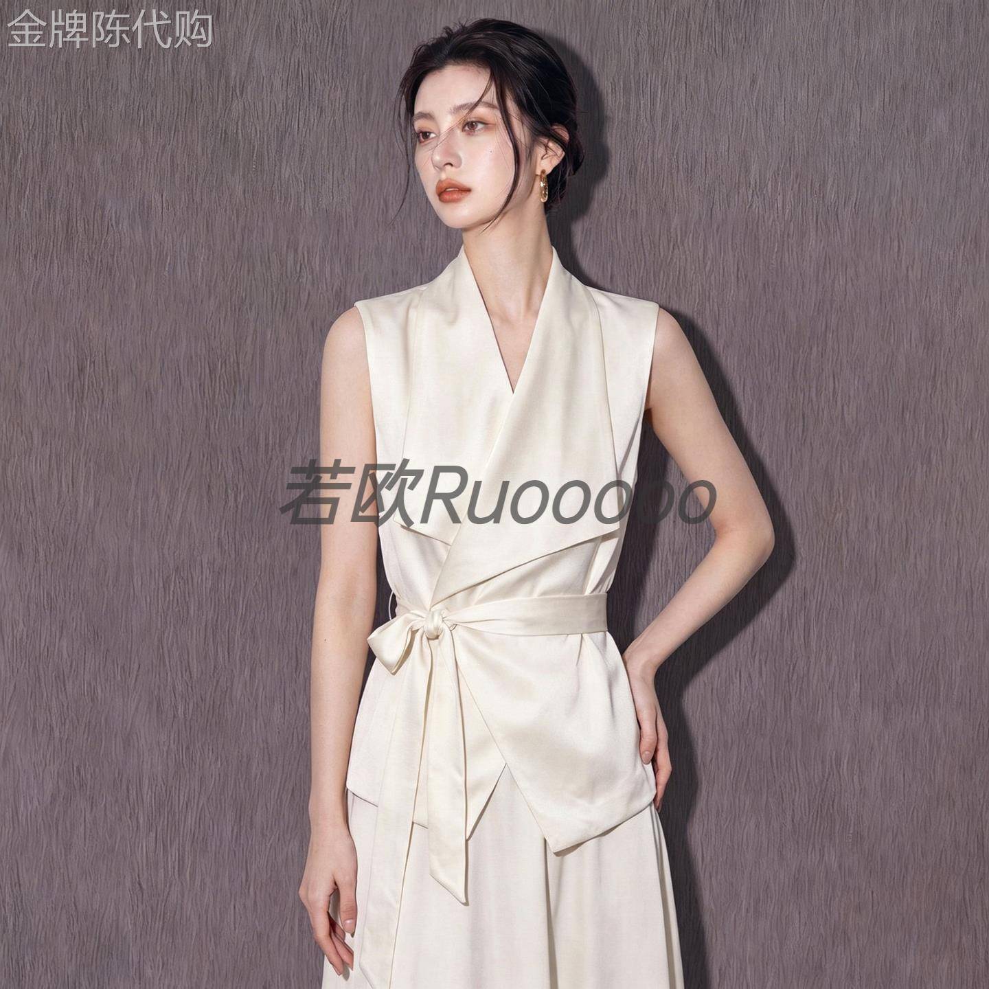 2026夏季新款白色无袖背心女法式气质通勤风大翻领设计感绑带上衣