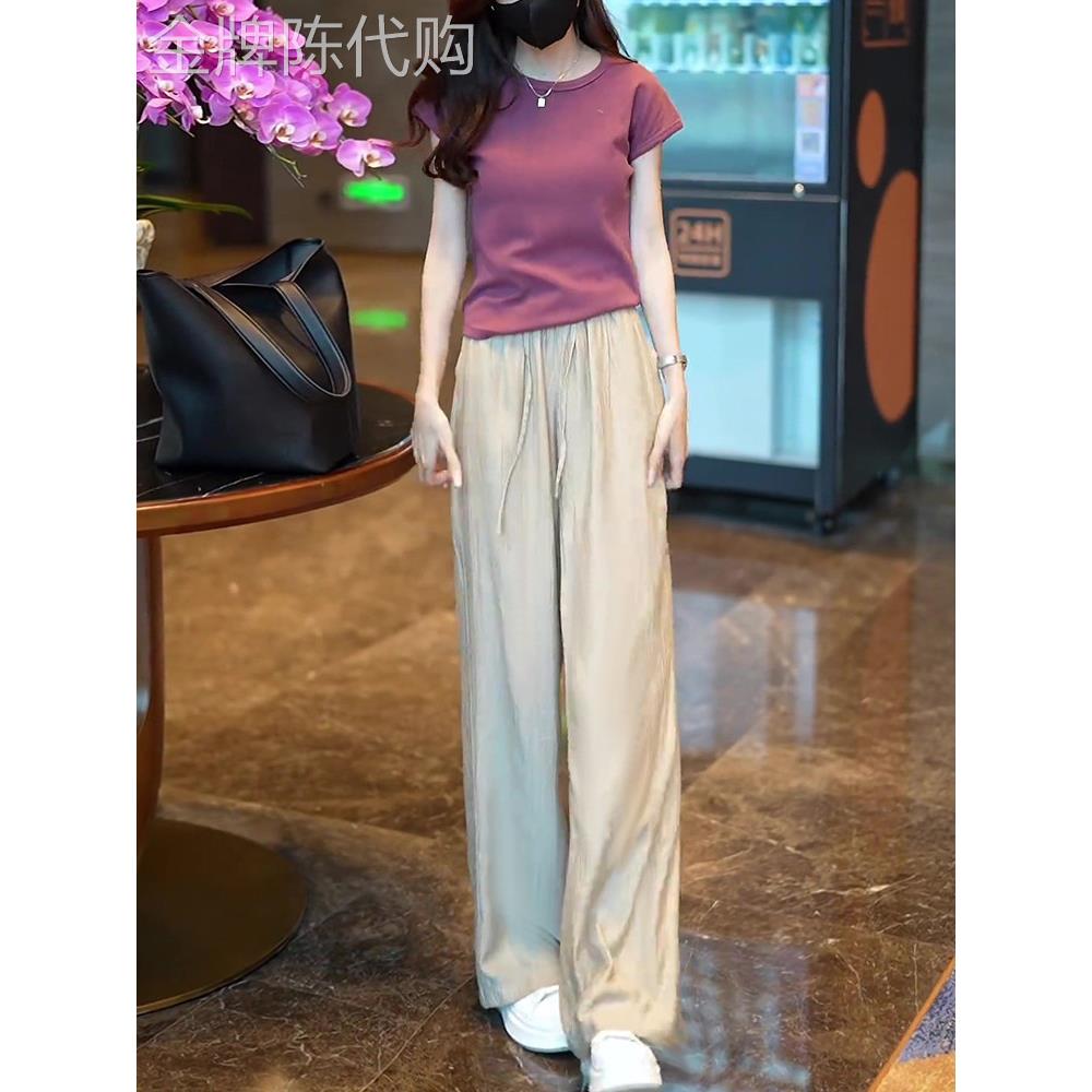 金丝雀吻冰丝绸高腰直腿宽腿裤女士夏季薄垂凉爽感觉宽松山本裤