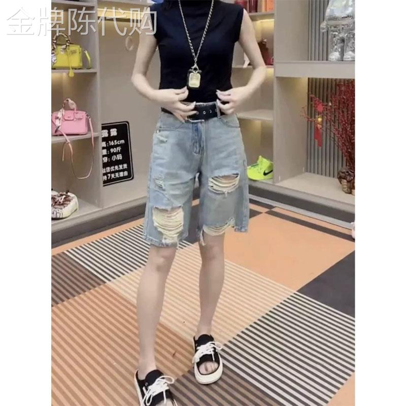 潮流破洞五分牛仔短裤女夏季薄款欧货大尺码宽松显瘦高毛边直筒裤