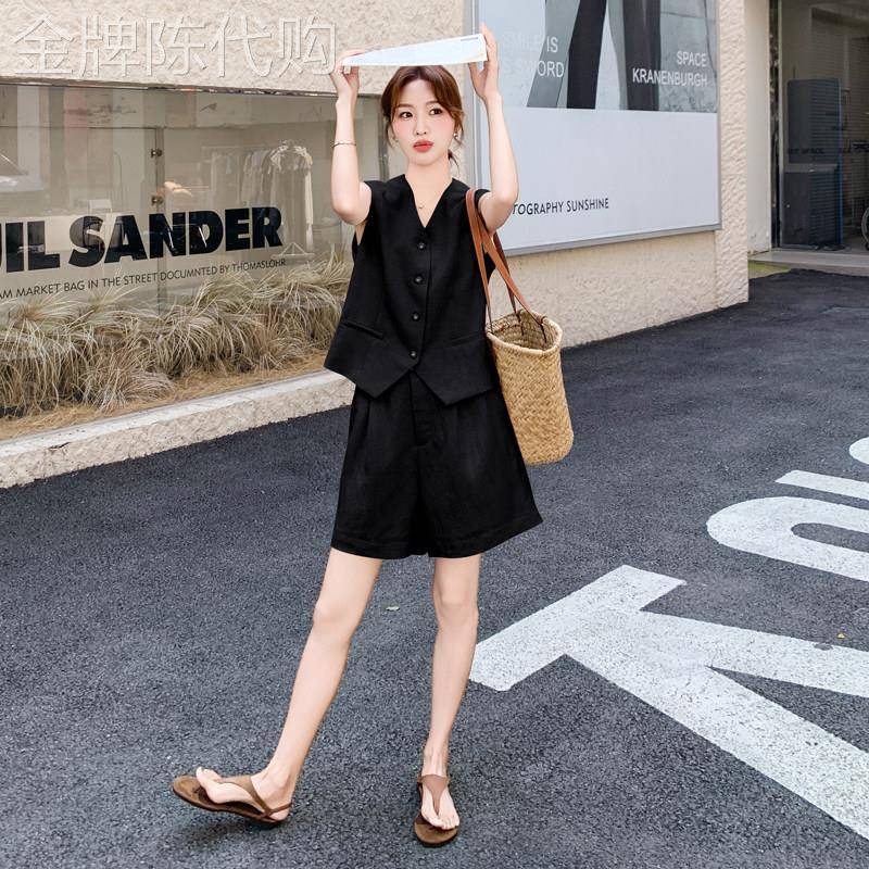 黑色高级感老钱风亚麻马甲休闲短裤套装女2026夏季气质轻熟两件套
