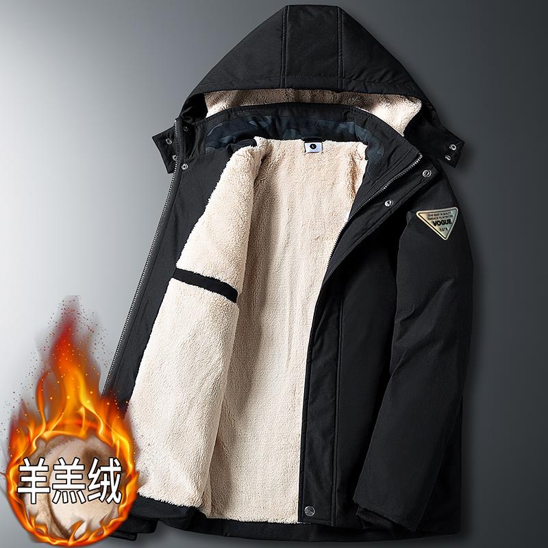 羊羔绒棉服男士潮牌贴标宽松大码连帽外套可脱卸冬季加绒保暖棉袄