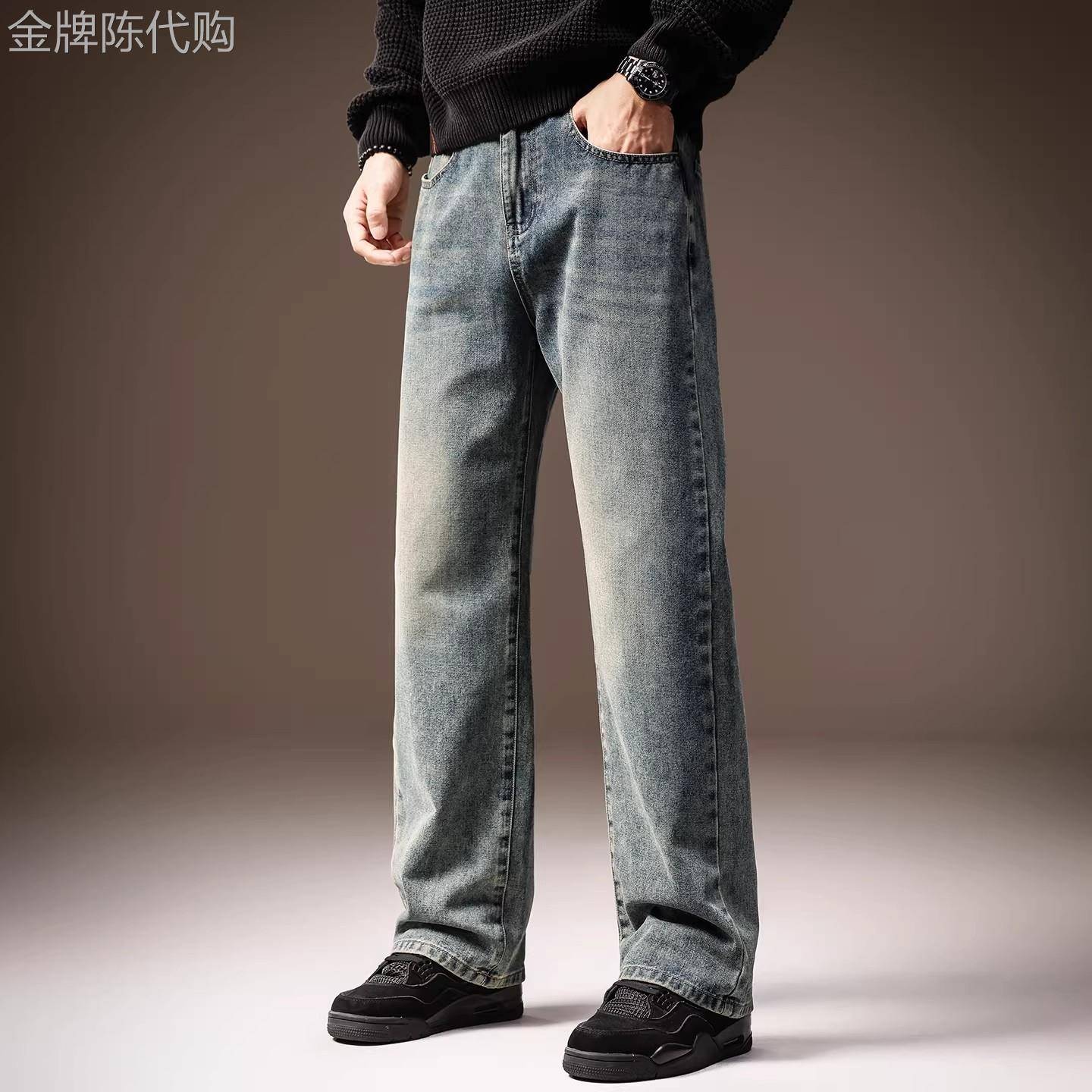 意大利高端复古水洗牛仔裤男士春季新款美式宽松垂感阔腿休闲裤子