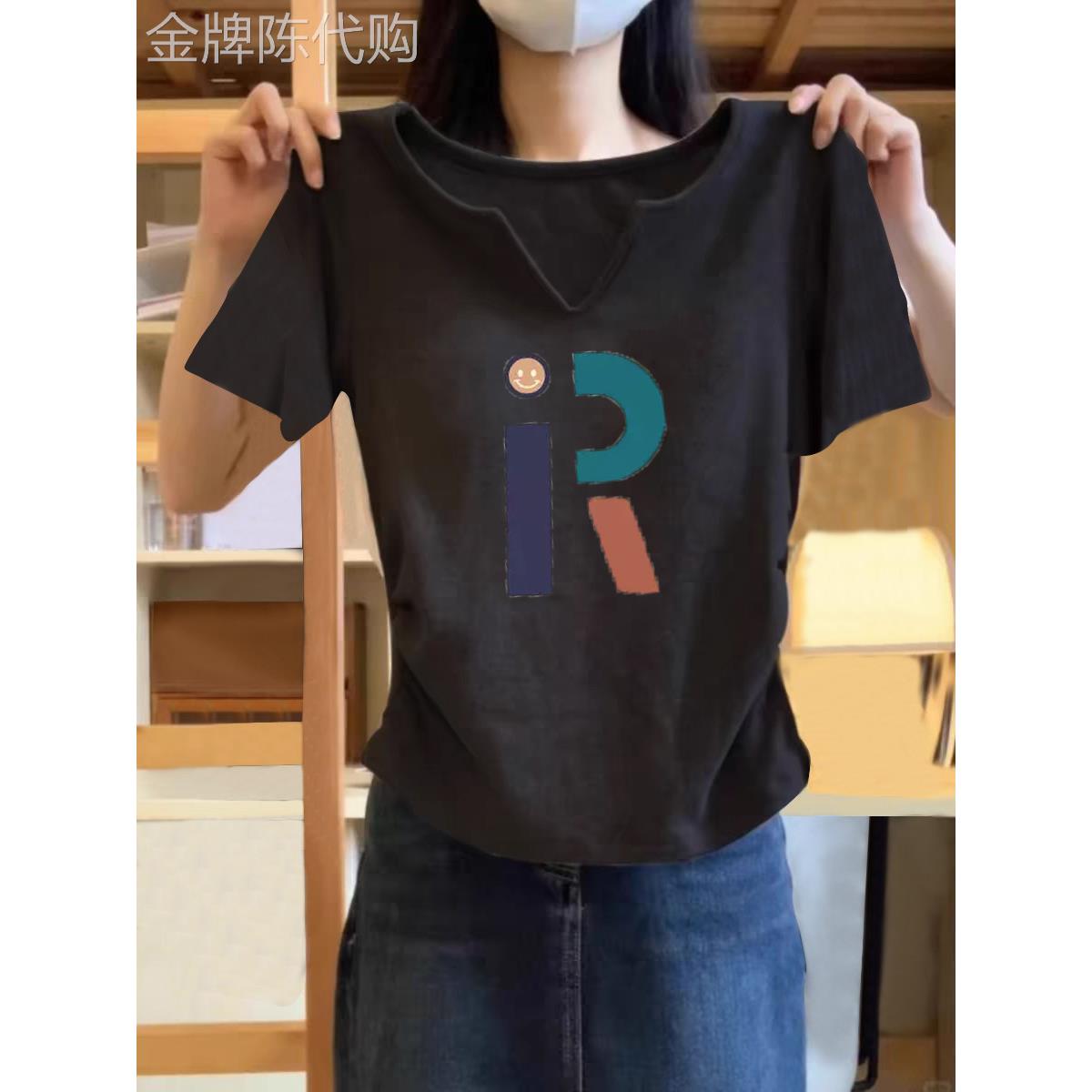 韩国正肩纯棉V领短袖t恤女修身显瘦设计感掐腰爆款小衫半袖韩版.