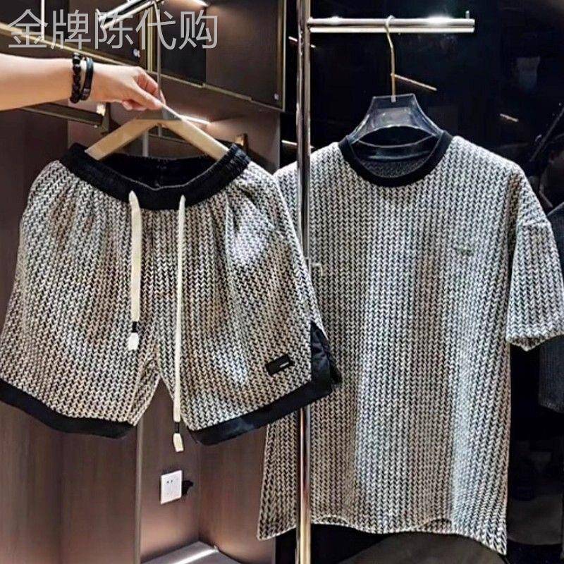 出口美国⭐Chrisma Katch~黑白磷条纹印花短袖套装男轻奢两件套