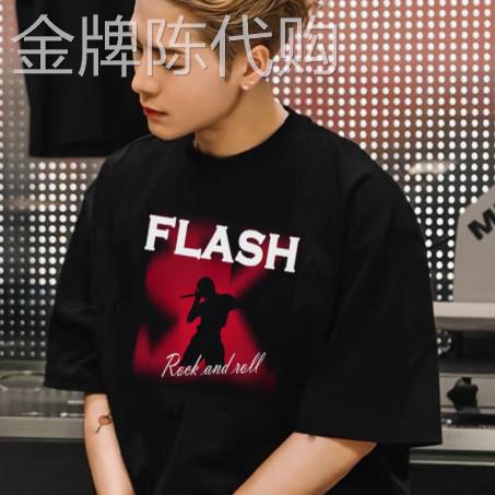 香港潮牌王嘉尔同款黑色T恤男字母短袖男装夏季新款重磅纯棉美式