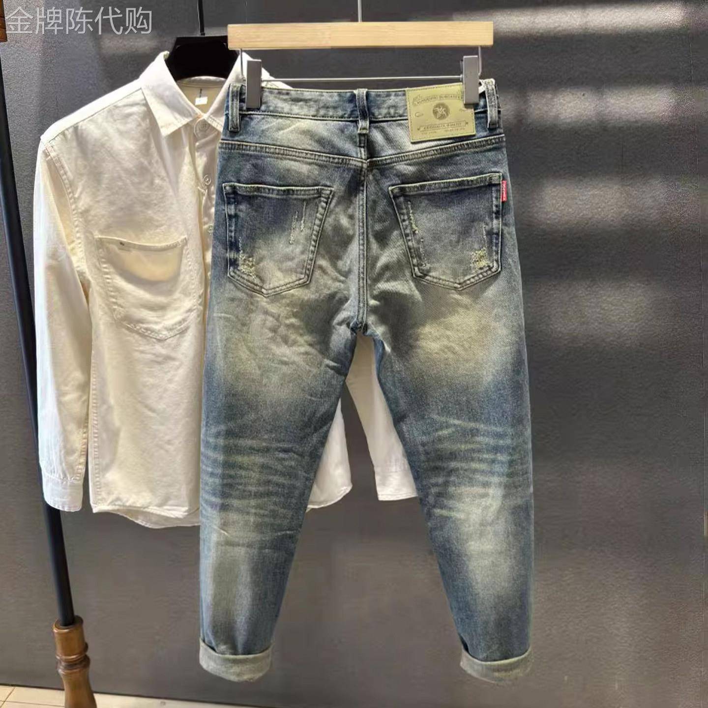 香港潮牌欧洲站痞帅牛仔长裤男修身小脚秋季新款潮流青年休闲裤子