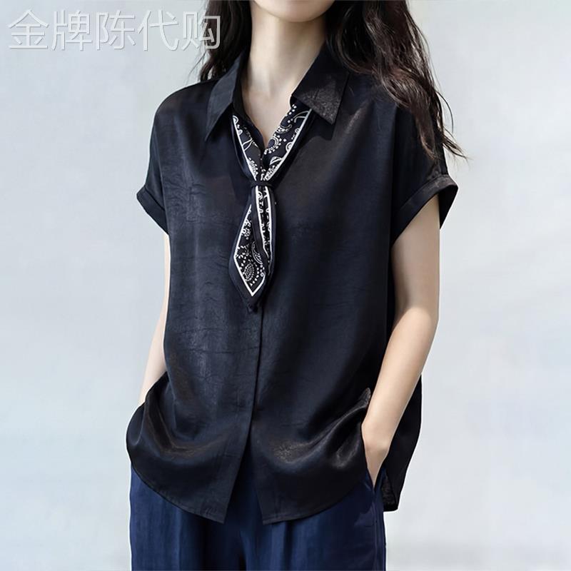 潮牌翻领短袖衬衫女士2026夏季新款系带丝巾气质显瘦减龄通勤上衣