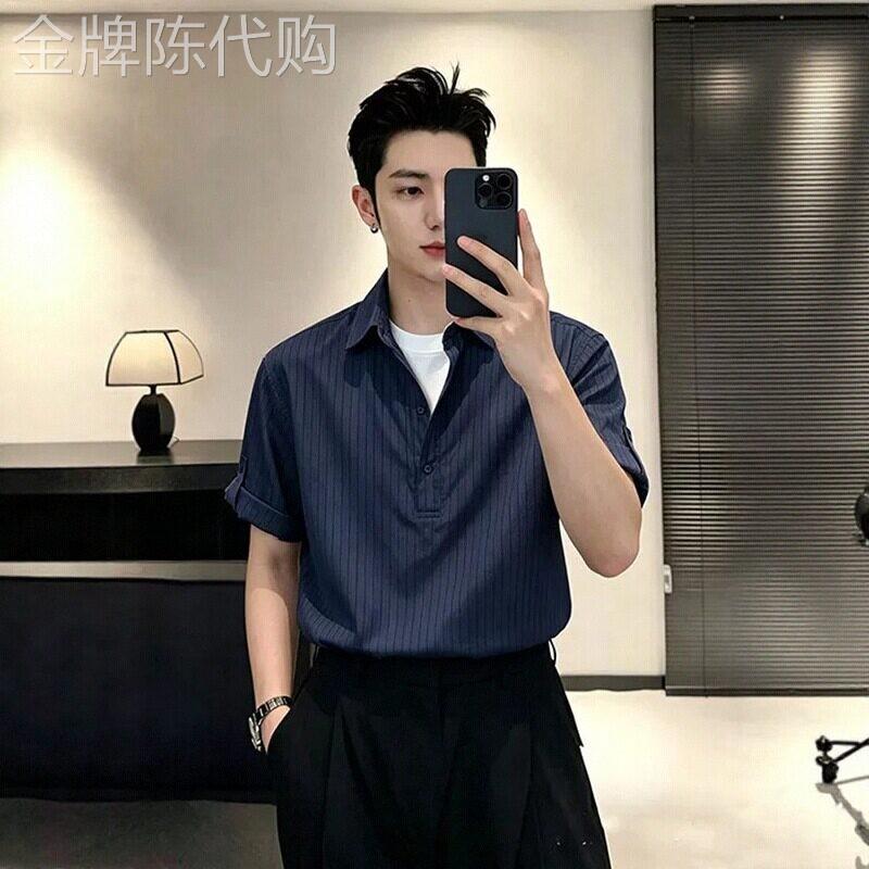 潮牌假两件条纹短袖衬衫男士夏季雅痞风开衫T恤正肩修身半袖衬衣