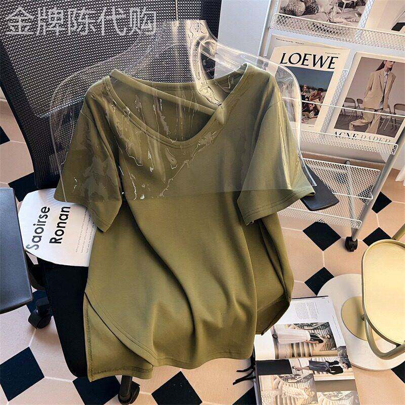 纯色开叉短袖T恤女夏季洋气镂空设计感正肩v领体恤衫薄款下摆上衣
