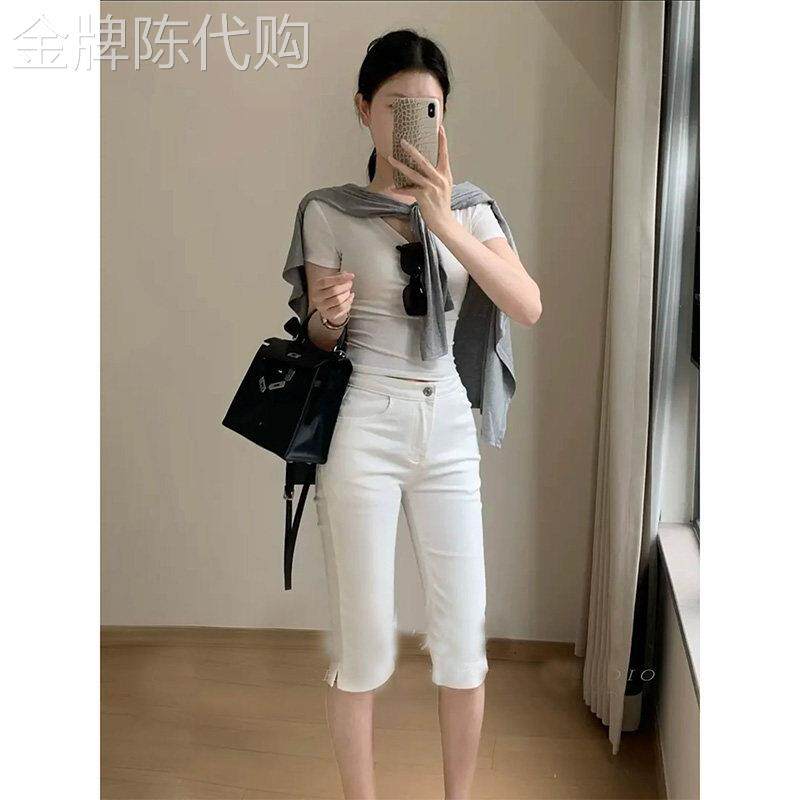 韩系开叉白色牛仔裤女夏季高腰丰胯修身提臀紧身裤休闲六分七分裤