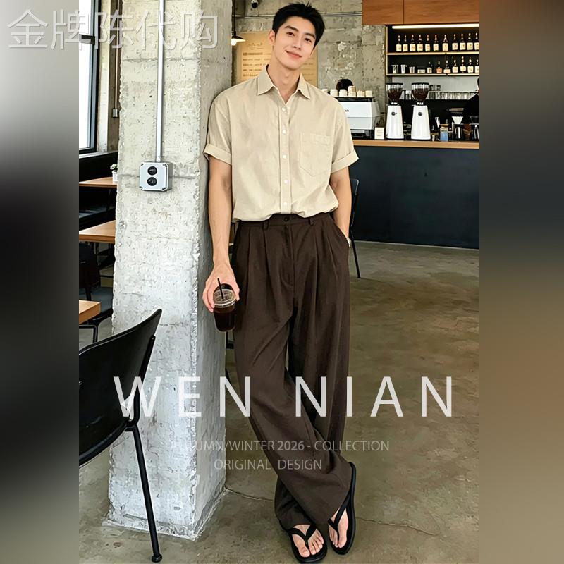 韩国WEN NIAN老钱风穿搭套装男2026夏季新款高级感短袖衬衫一整套