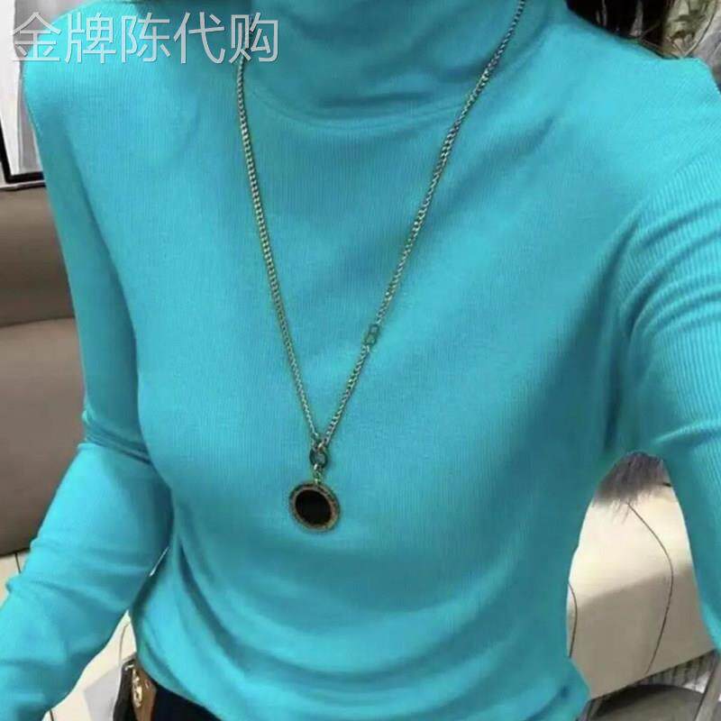 堆堆领加绒针织打底衫女秋冬欧货百搭修身显瘦打底衫蓝色长袖上衣
