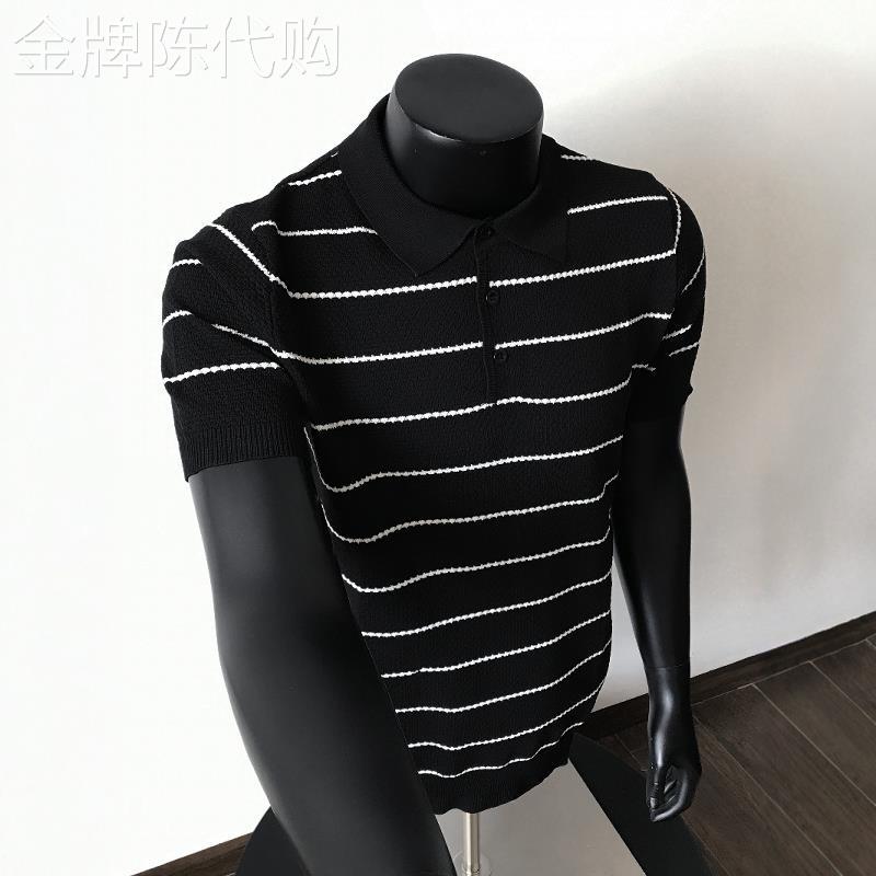 轻奢条纹亨利领短袖polo衫男士夏季轻熟风成熟稳重男装老钱风t恤