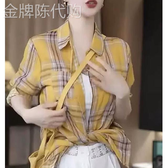复古休闲黄色格子长袖衬衫女2026夏季新款欧货宽松百搭设计感衬衫