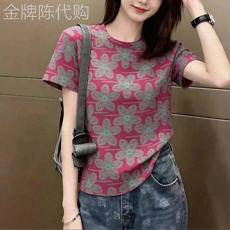 复古满印花朵圆领短袖T恤女夏季欧货显瘦洋派宽松设计感小众上衣