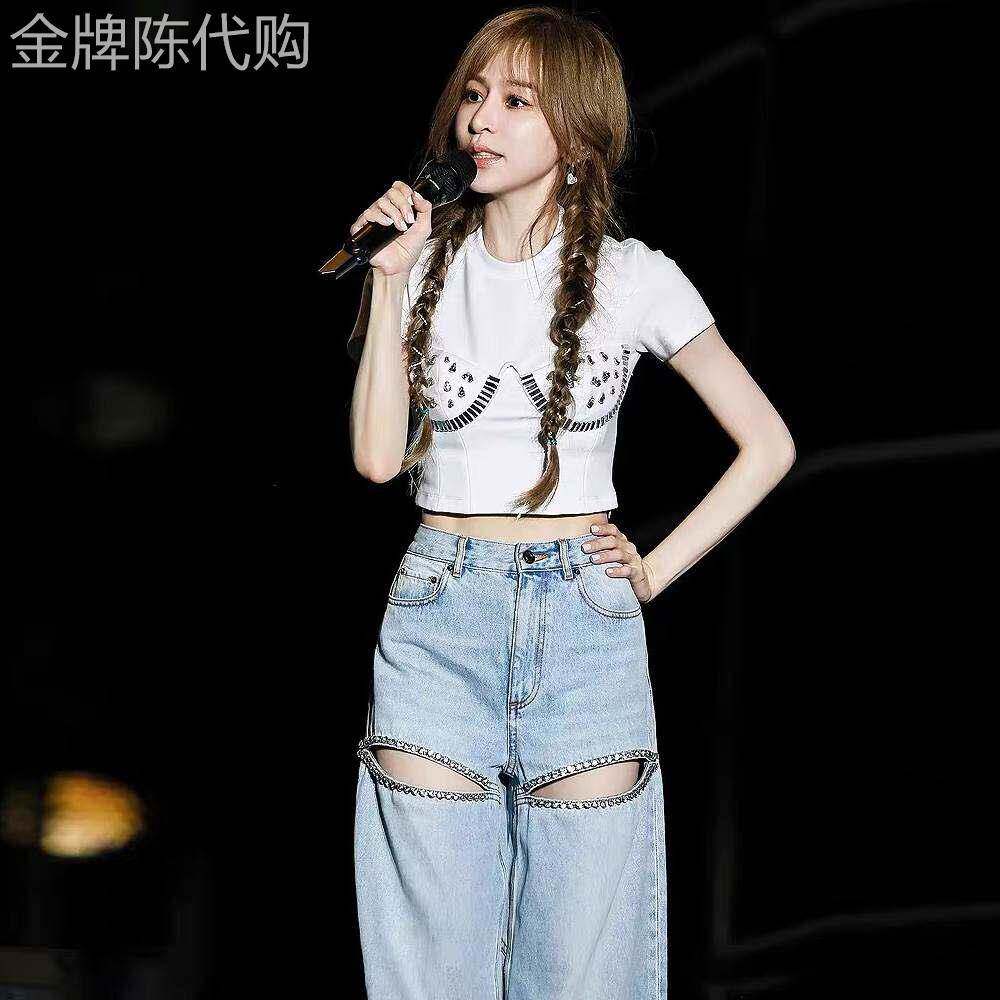 镶钻破洞牛仔裤女夏季薄款2026新款设计感高腰显瘦加长拖地直筒裤