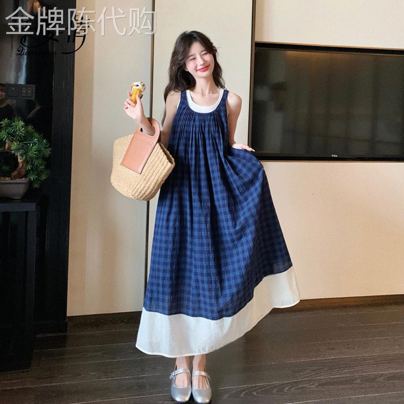 蓝色格子无袖洋装法式文艺风森系复古小清新度假吊带背心长裙
