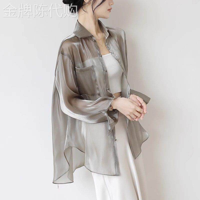 潮牌灰色冰丝防晒衬衫女夏季超薄款衬衣外套欧根纱开衫外搭罩衫
