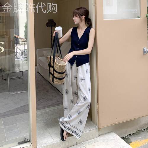 高级感老钱风V领收腰马甲套装女夏2026新款复古印花阔腿裤两件套