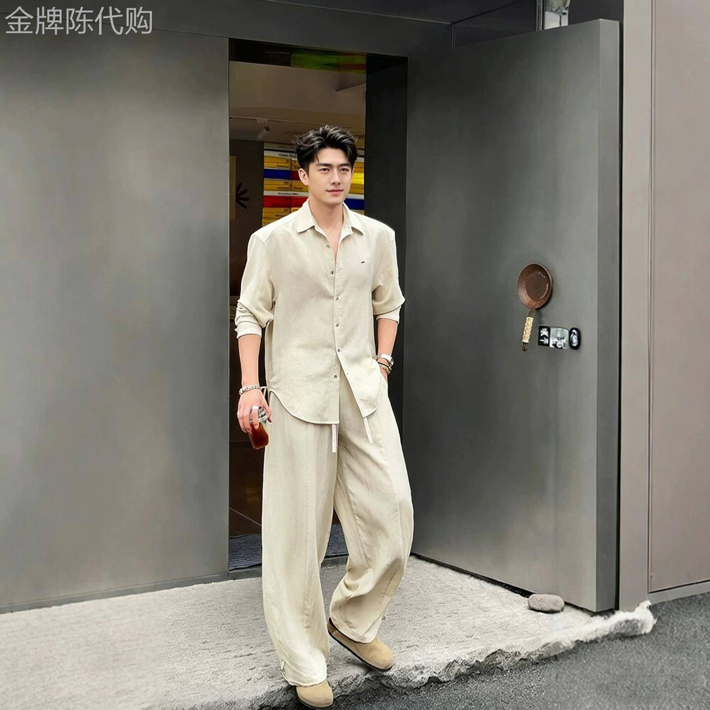 韩国Uamtor老钱风套装男款夏季薄款翻领衬衫慵懒松弛感穿搭一整套