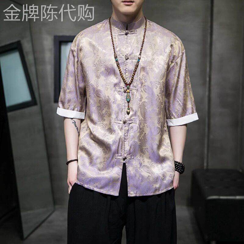 轻奢冰丝衬衫男夏季薄款唐装汉服五分袖宽松中国风男士衬衣短袖