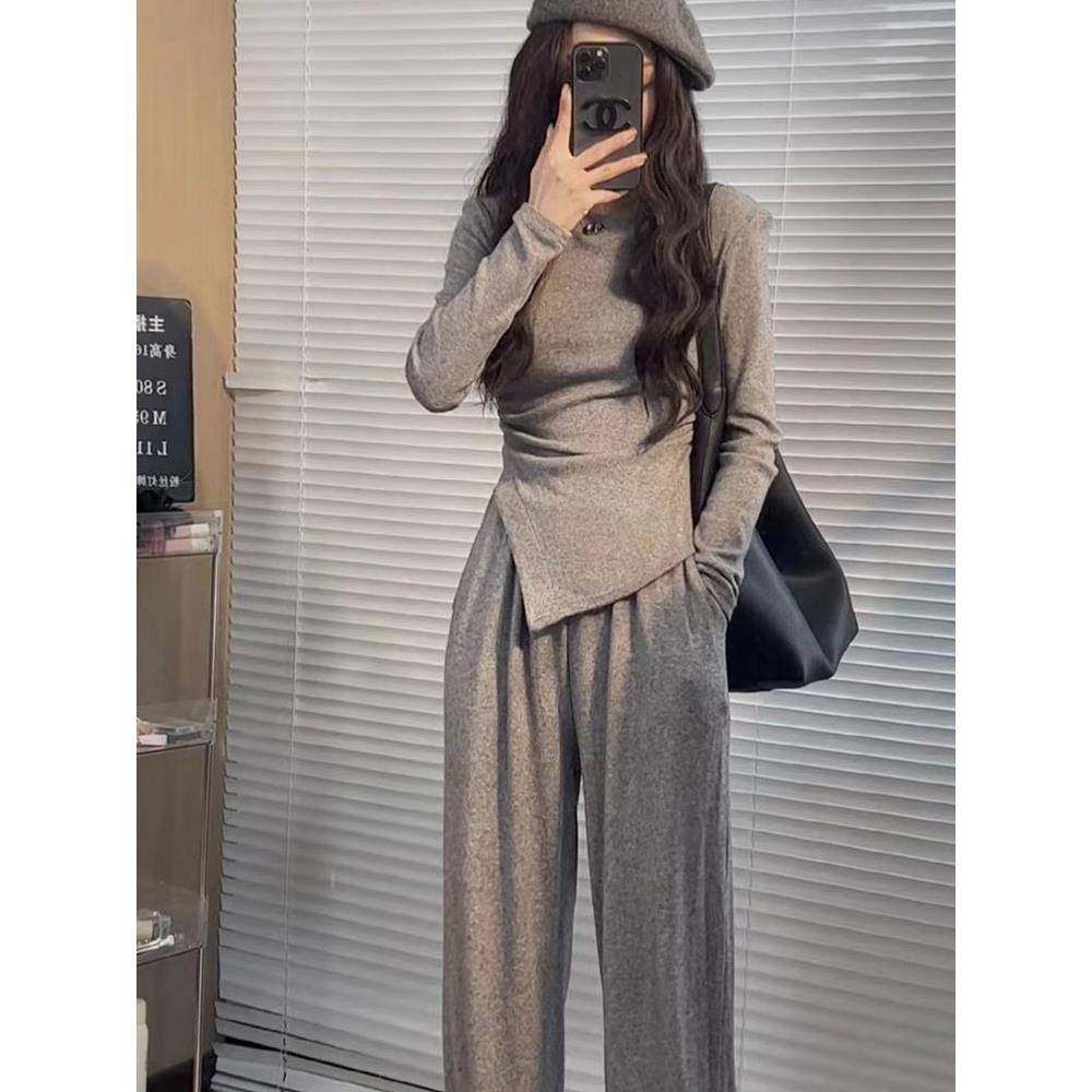 加绒保暖上衣运动裤时尚套装女春秋季小个子直筒阔腿裤休闲两件套