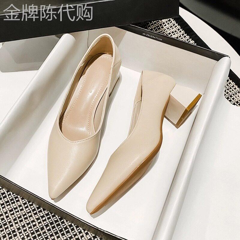 真皮尖头粗跟女鞋 2025新款浅口中跟鞋 软底百搭高级感单鞋