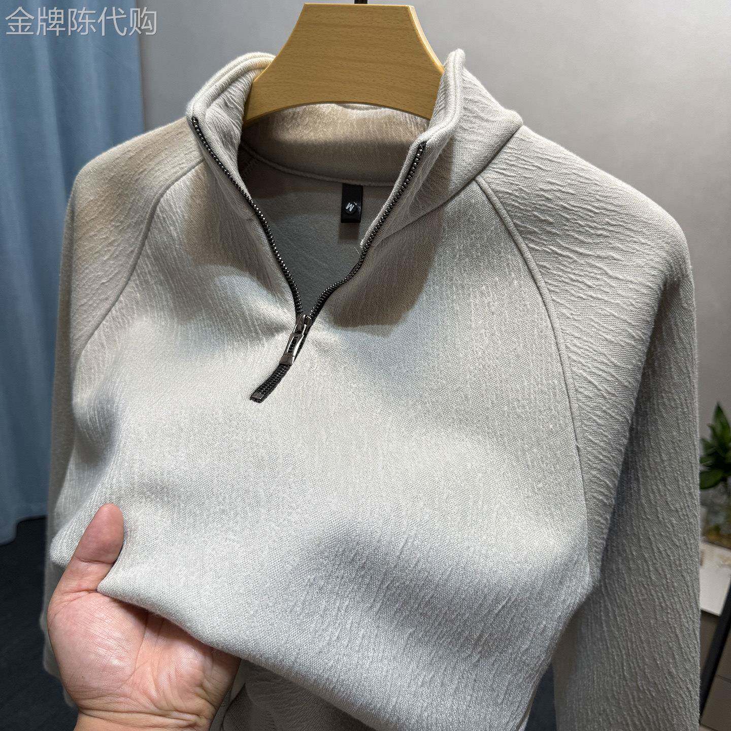 潮牌拼接半拉炼立领卫衣男2025冬季加绒保暖抓绒上衣百搭纯色体恤